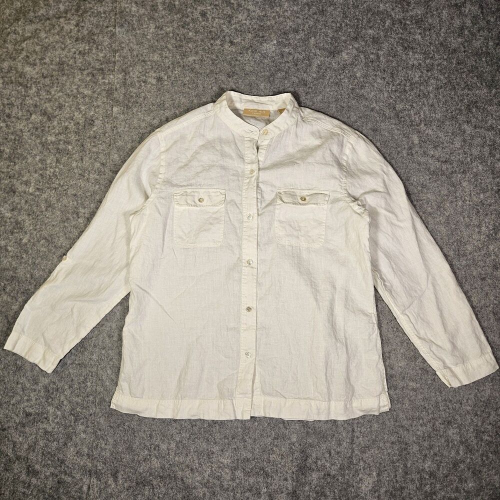Kate Hill Womens White Linen Mandarin Collar Pocket Button Up Shirt Size Large